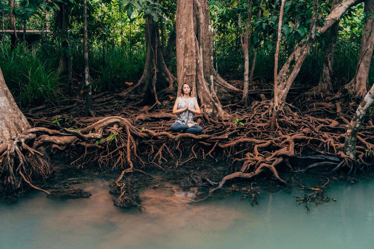 Yoga Tropikal ormandaki Nehri yakınında yoga yaparken kadın
